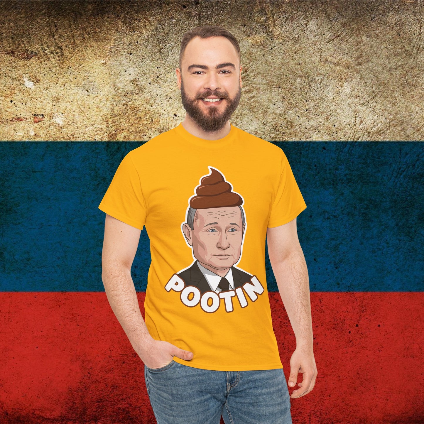 Pootin Funny Anti Vladimir Putin Unisex Heavy Cotton Tee Gold T-shirts Politics Vladimir Putin Printify