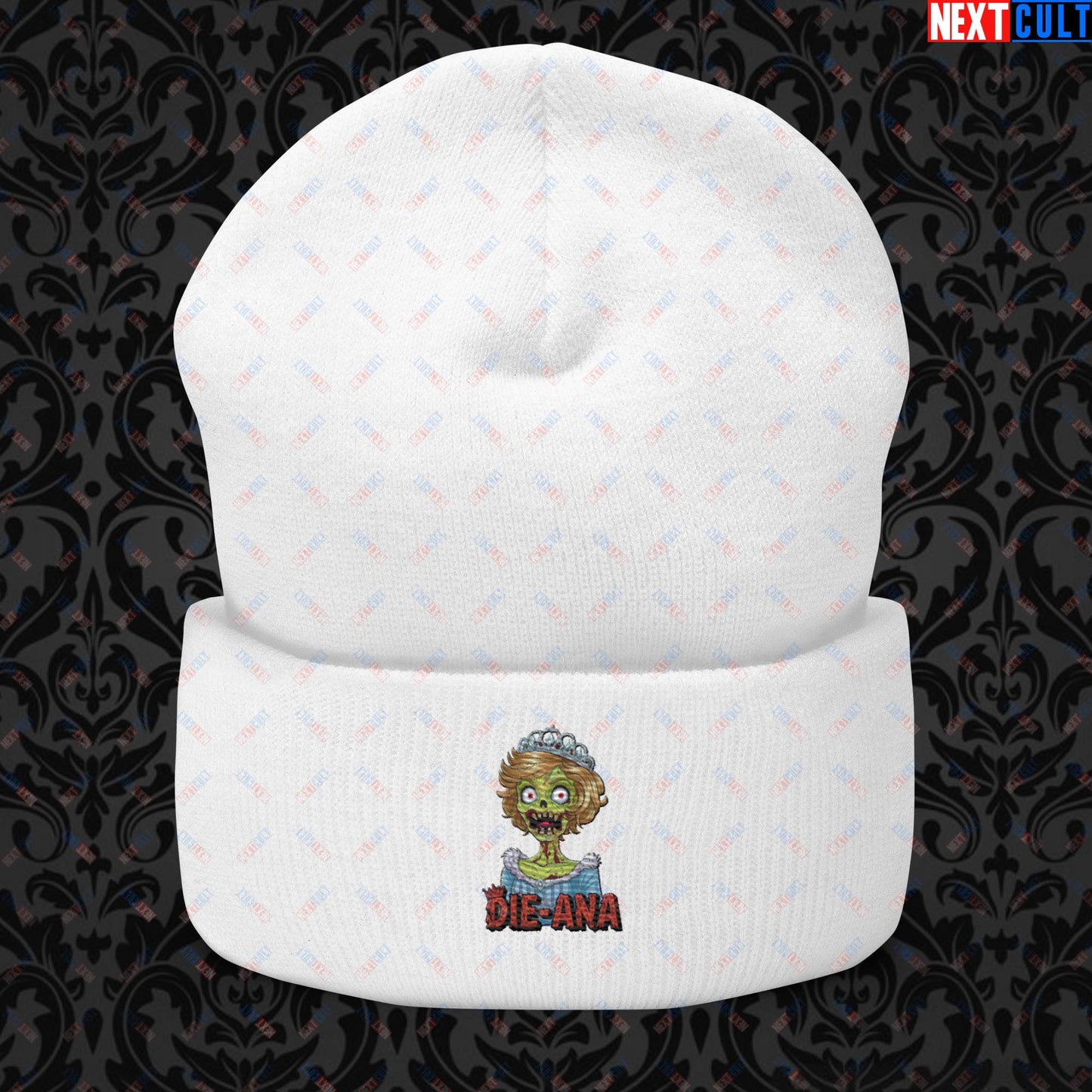 Princess Diana Zombie Die-Ana Funny Royal Family Conspiracy Cuffed Beanie White Hats Conspiracy Theories Politics Princess Diana Royal Family Zombie Next Cult Brand