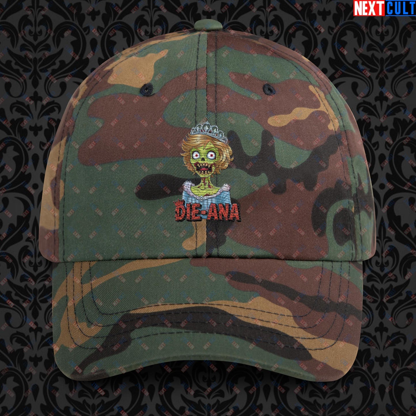 Princess Diana Zombie Die-Ana Funny Royal Family Conspiracy Dad hat Green Camo Hats Conspiracy Theories Politics Princess Diana Royal Family Zombie Next Cult Brand