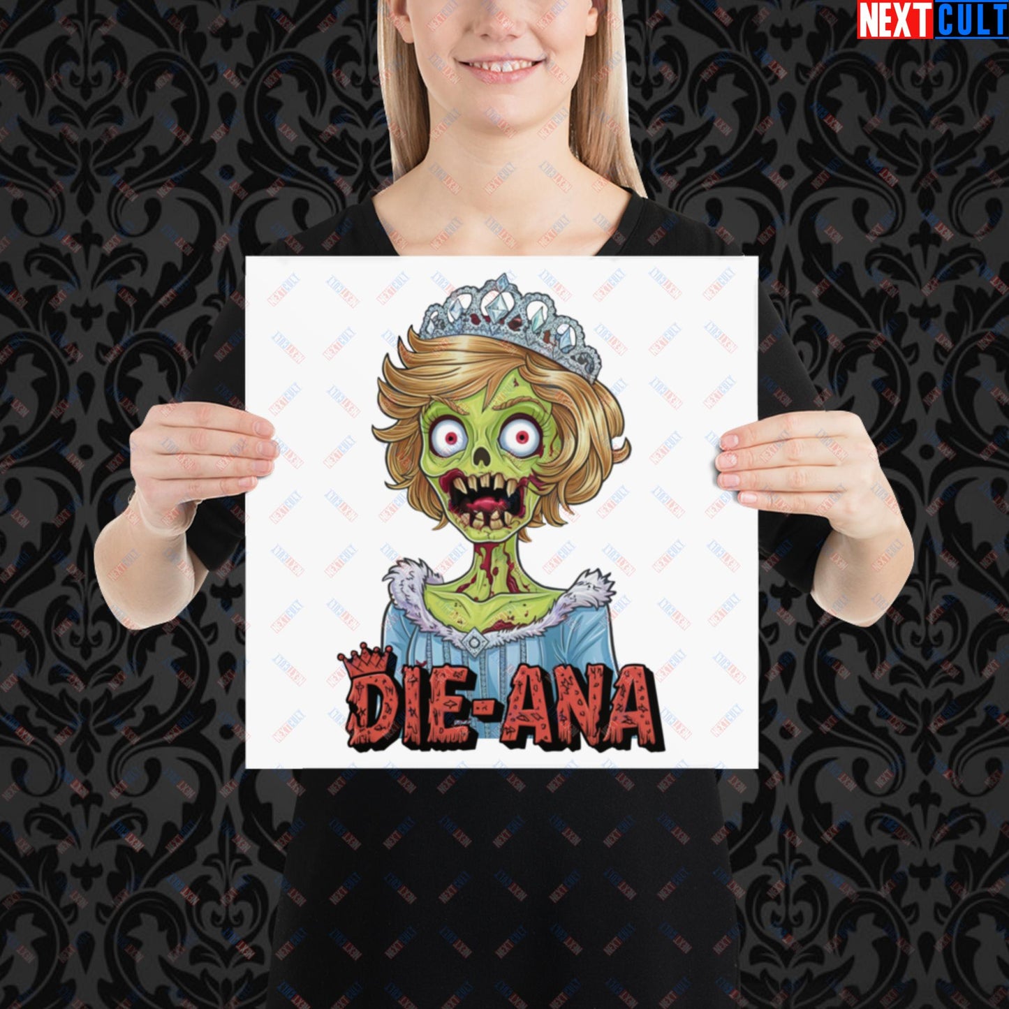Princess Diana Zombie Die-Ana Funny Royal Family Conspiracy Poster 14″×14″ Posters Conspiracy Theories Politics Princess Diana Royal Family Zombie Next Cult Brand