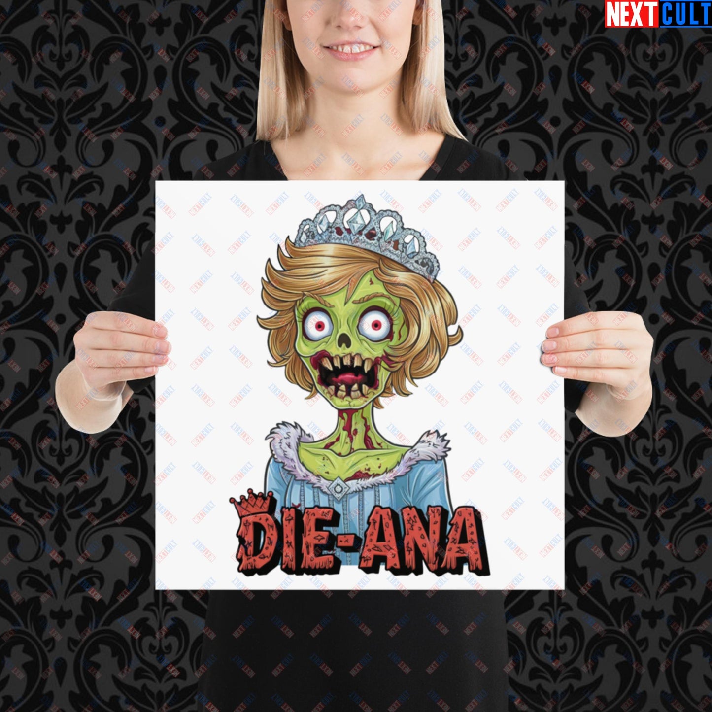 Princess Diana Zombie Die-Ana Funny Royal Family Conspiracy Poster 16″×16″ Posters Conspiracy Theories Politics Princess Diana Royal Family Zombie Next Cult Brand
