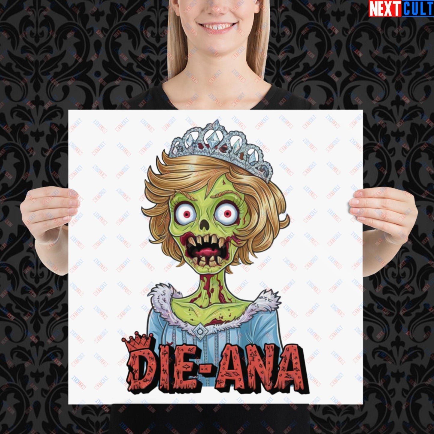 Princess Diana Zombie Die-Ana Funny Royal Family Conspiracy Poster 18″×18″ Posters Conspiracy Theories Politics Princess Diana Royal Family Zombie Next Cult Brand