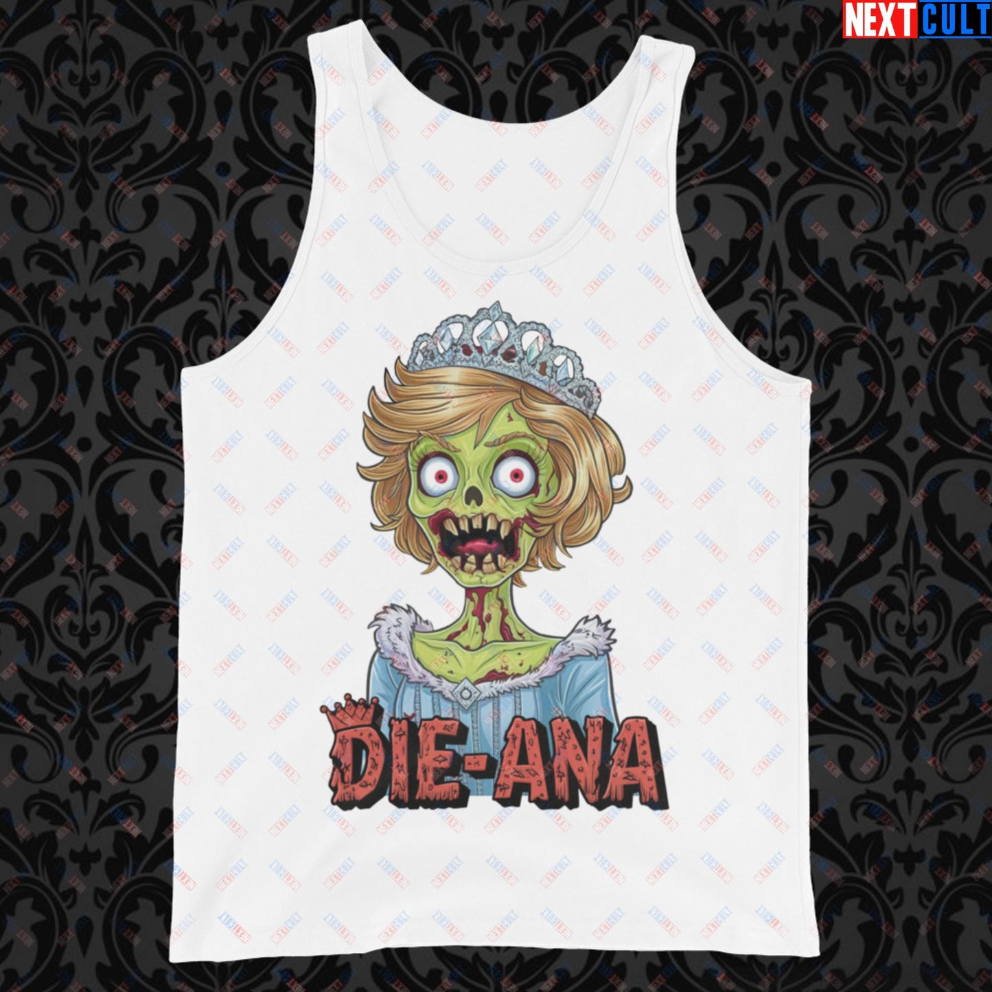 Princess Diana Zombie Die-Ana Funny Royal Family Conspiracy Tank Top White Tank Tops Conspiracy Theories Politics Princess Diana Royal Family Zombie Next Cult Brand
