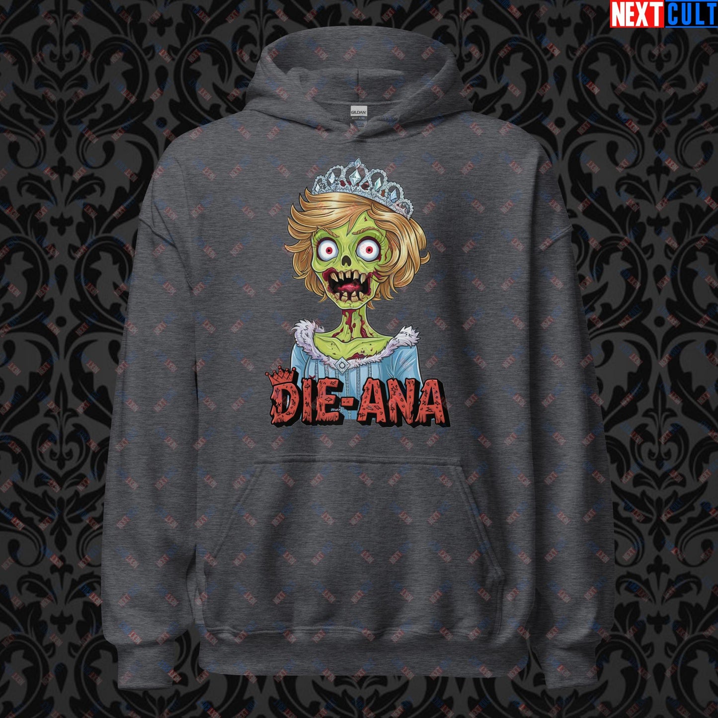 Princess Diana Zombie Die-Ana Funny Royal Family Conspiracy Unisex Hoodie Dark Heather Hoodies Conspiracy Theories Politics Princess Diana Royal Family Zombie Next Cult Brand