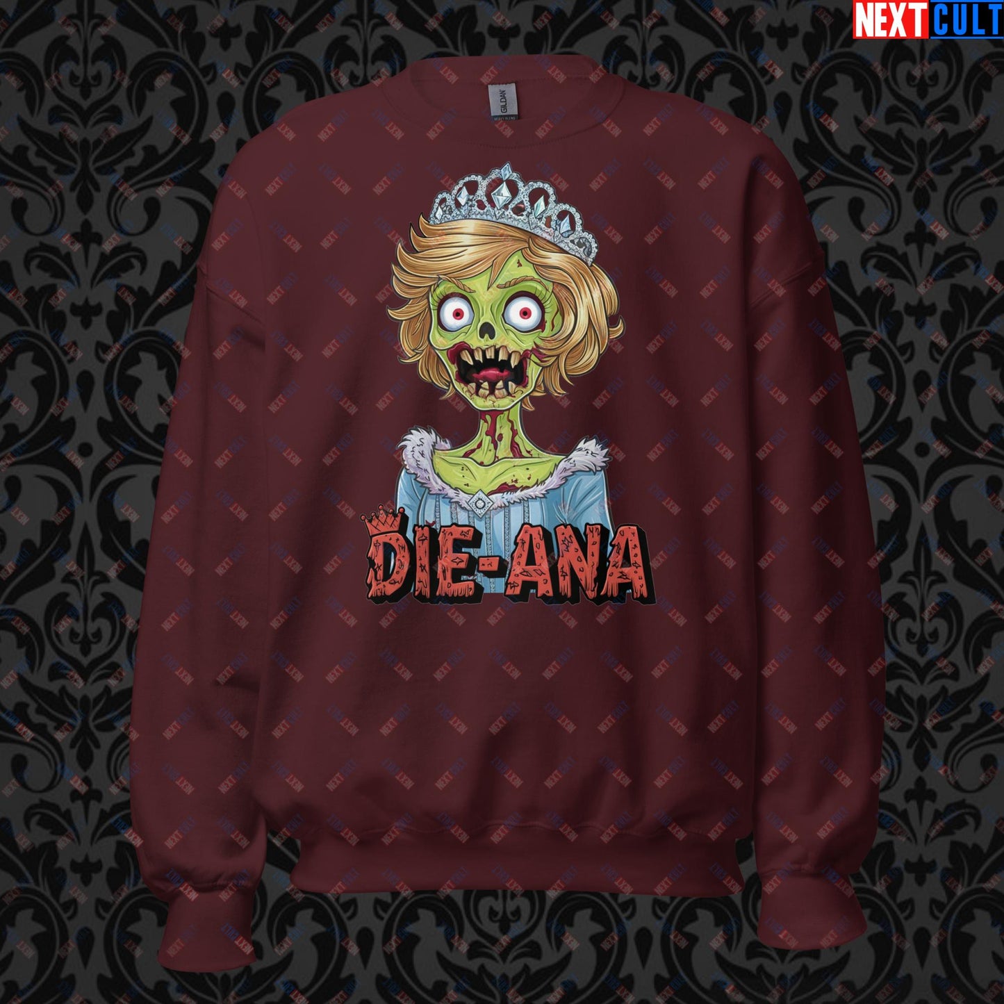 Princess Diana Zombie Die-Ana Funny Royal Family Conspiracy Unisex Sweatshirt Maroon Sweatshirts Conspiracy Theories Politics Princess Diana Royal Family Zombie Next Cult Brand