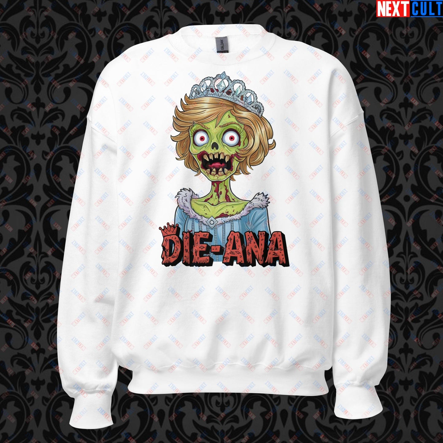 Princess Diana Zombie Die-Ana Funny Royal Family Conspiracy Unisex Sweatshirt White Sweatshirts Conspiracy Theories Politics Princess Diana Royal Family Zombie Next Cult Brand