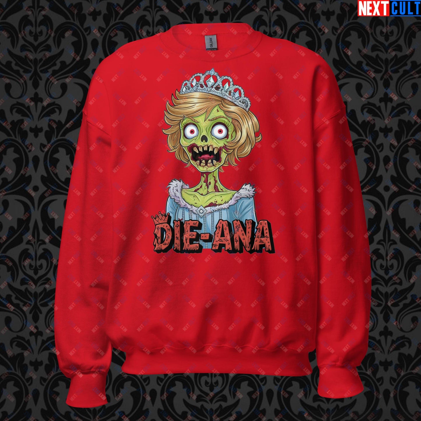 Princess Diana Zombie Die-Ana Funny Royal Family Conspiracy Unisex Sweatshirt Red Sweatshirts Conspiracy Theories Politics Princess Diana Royal Family Zombie Next Cult Brand