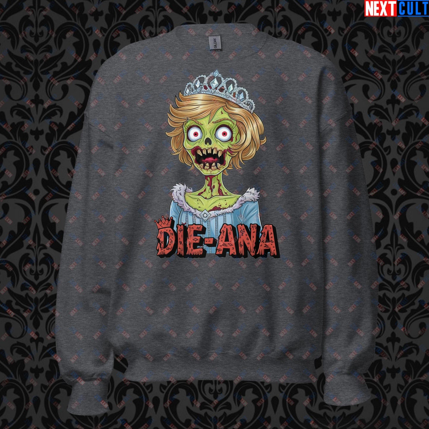 Princess Diana Zombie Die-Ana Funny Royal Family Conspiracy Unisex Sweatshirt Dark Heather Sweatshirts Conspiracy Theories Politics Princess Diana Royal Family Zombie Next Cult Brand