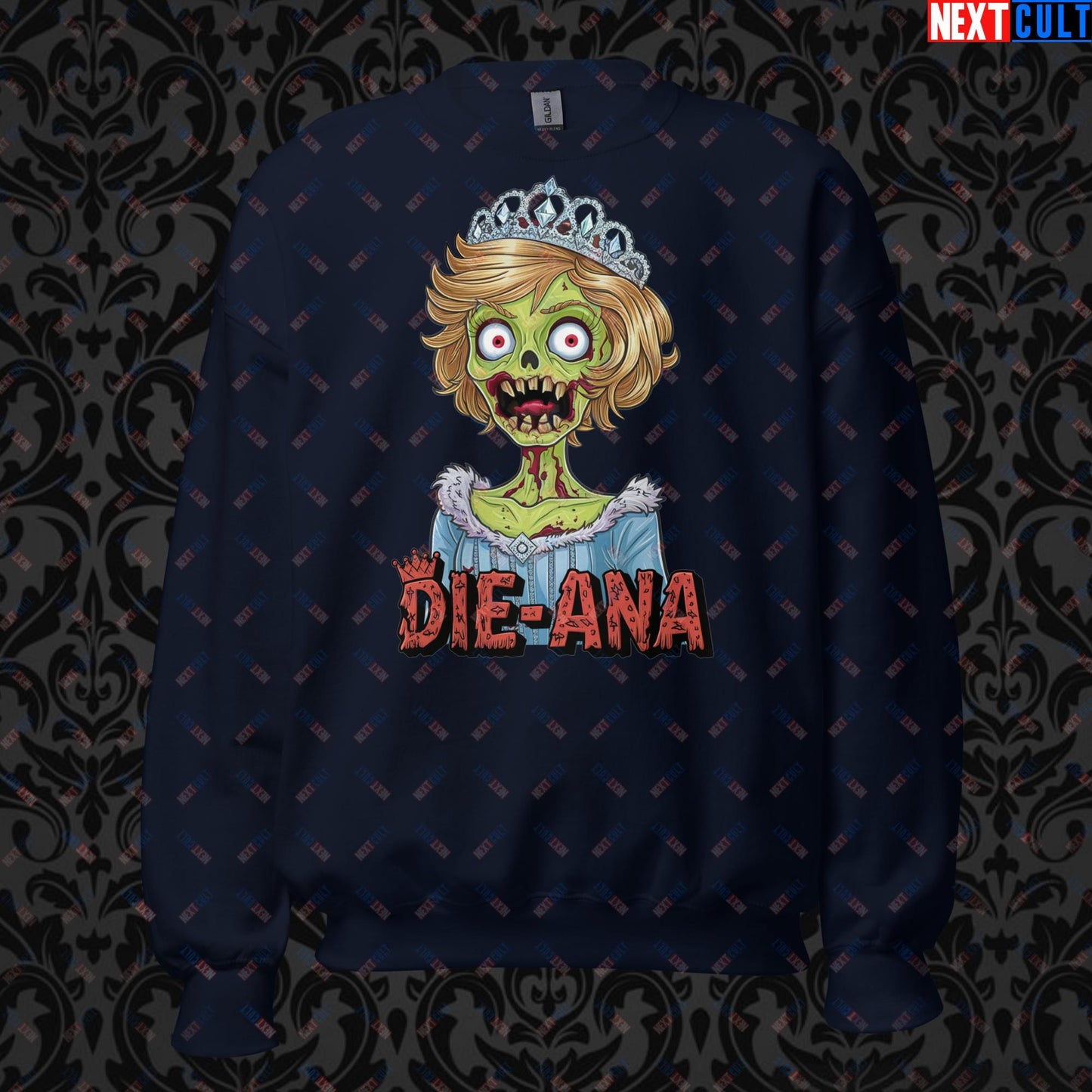 Princess Diana Zombie Die-Ana Funny Royal Family Conspiracy Unisex Sweatshirt Navy Sweatshirts Conspiracy Theories Politics Princess Diana Royal Family Zombie Next Cult Brand