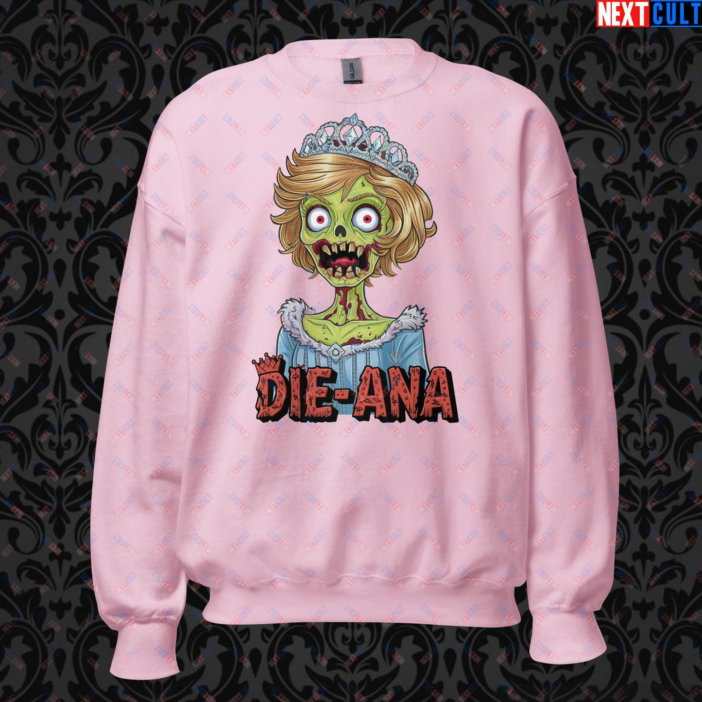 Princess Diana Zombie Die-Ana Funny Royal Family Conspiracy Unisex Sweatshirt Light Pink Sweatshirts Conspiracy Theories Politics Princess Diana Royal Family Zombie Next Cult Brand