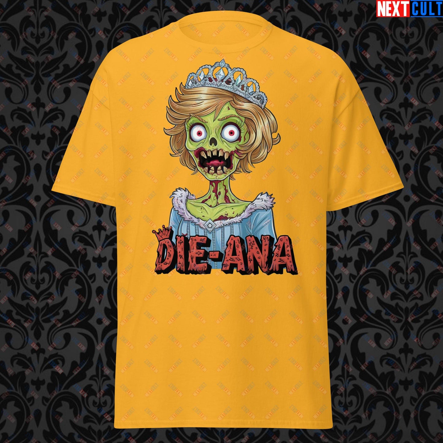 Princess Diana Zombie Die-Ana Funny Royal Family Conspiracy Unisex tee Gold T-shirts Conspiracy Theories Politics Princess Diana Royal Family Zombie Next Cult Brand