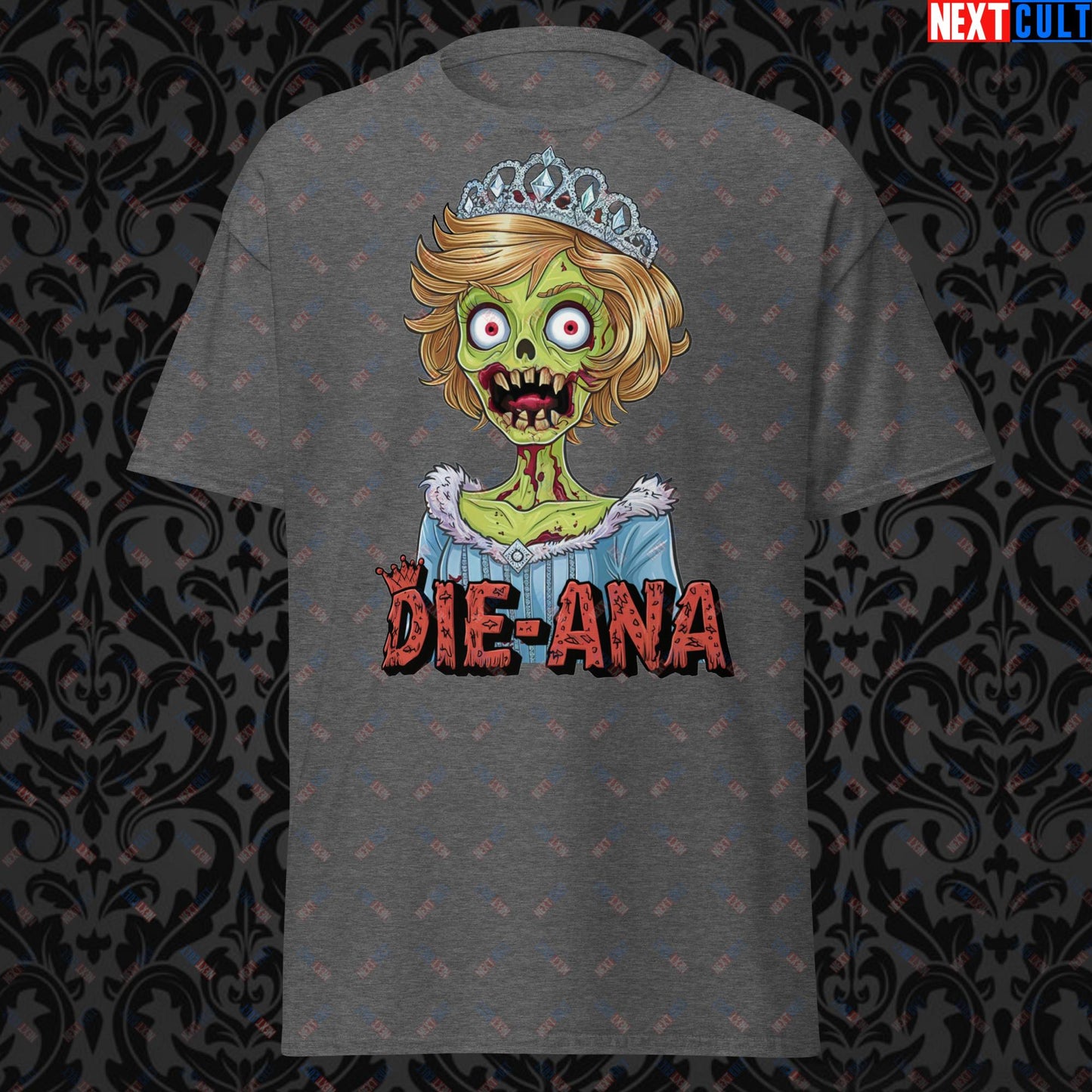 Princess Diana Zombie Die-Ana Funny Royal Family Conspiracy Unisex tee Dark Heather T-shirts Conspiracy Theories Politics Princess Diana Royal Family Zombie Next Cult Brand
