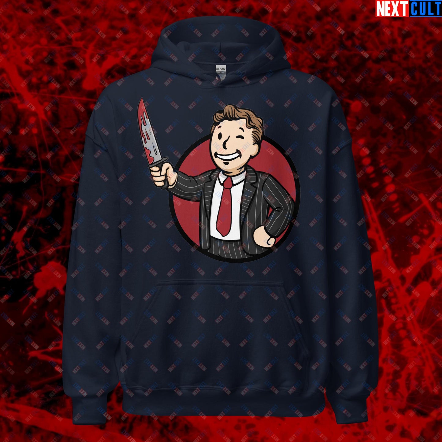 Psycho Boy American Psycho Vault Boy Fallout Funny Meme Cartoon Mashup Unisex Hoodie Navy Hoodies American Psycho Christian Bale Fallout Movies Vault Boy Next Cult Brand