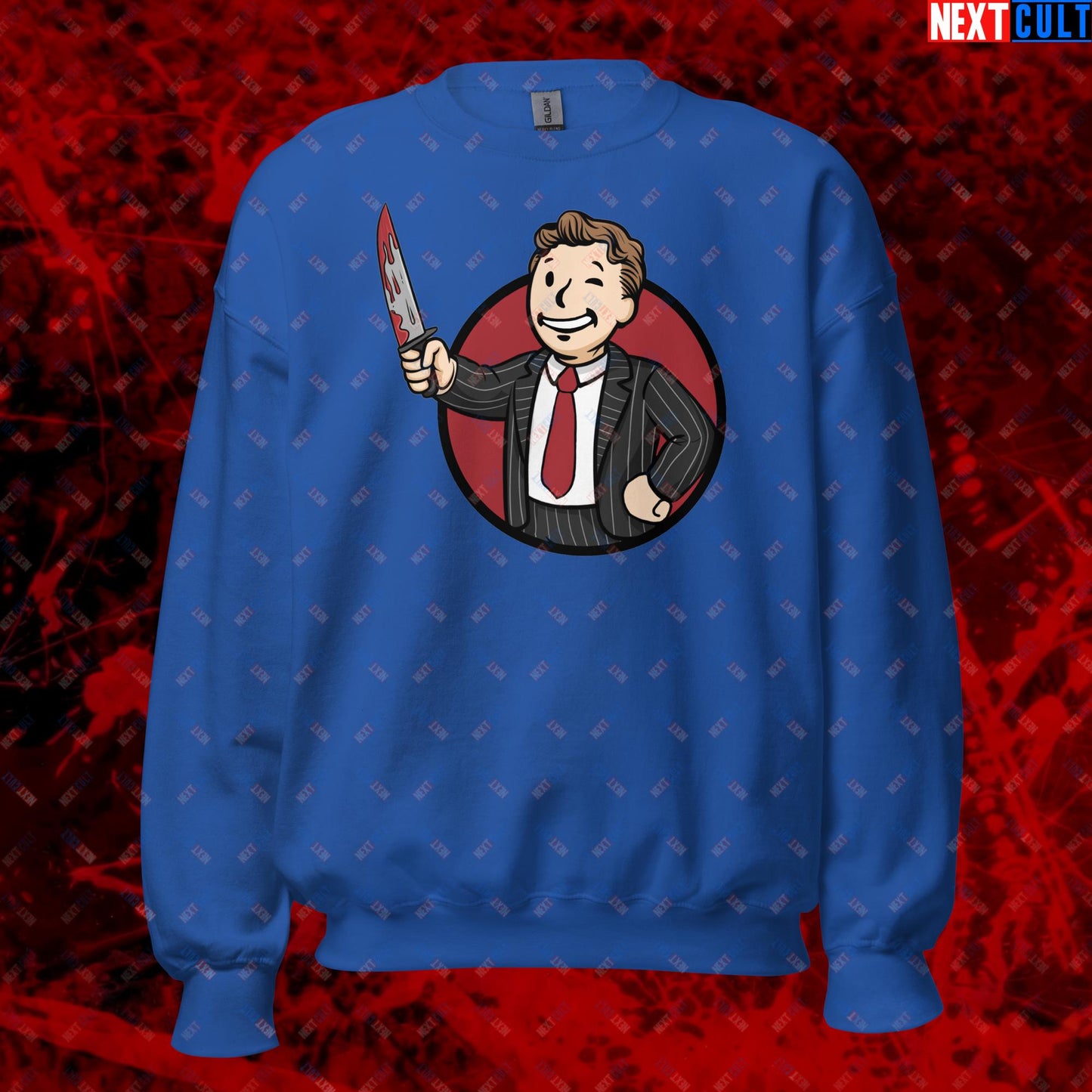 Psycho Boy American Psycho Vault Boy Fallout Funny Meme Cartoon Mashup Unisex Sweatshirt Royal Sweatshirts American Psycho Christian Bale Fallout Movies Vault Boy Next Cult Brand
