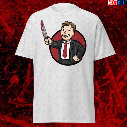 Psycho Boy American Psycho Vault Boy Fallout Funny Meme Cartoon Mashup Unisex classic tee Ash T-shirts American Psycho Christian Bale Fallout Movies Vault Boy Next Cult Brand
