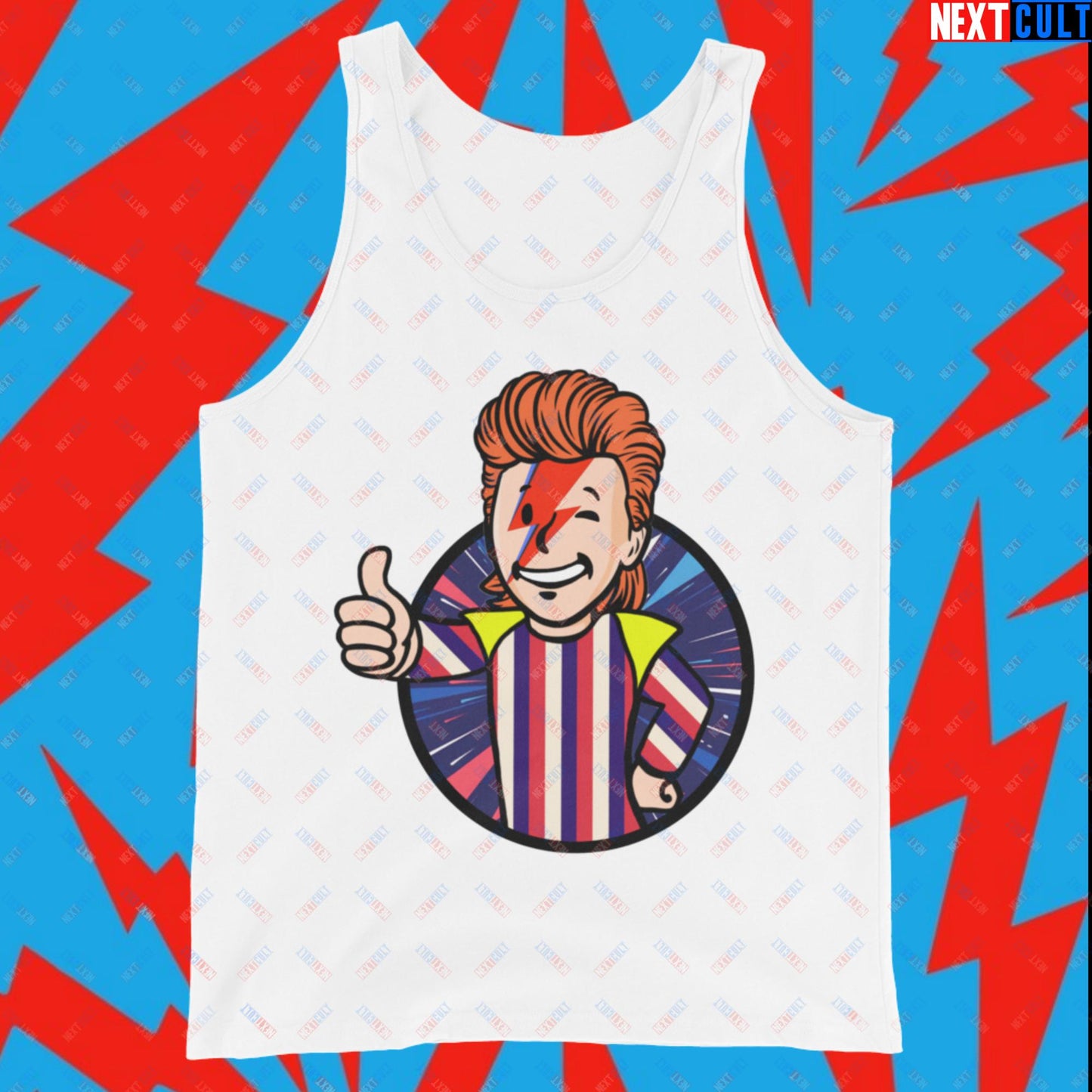 Rebel Boy David Bowie Music Vault Boy Fallout Funny Meme Cartoon Mashup Tank Top White Tank Tops David Bowie Fallout Music Vault Boy Next Cult Brand
