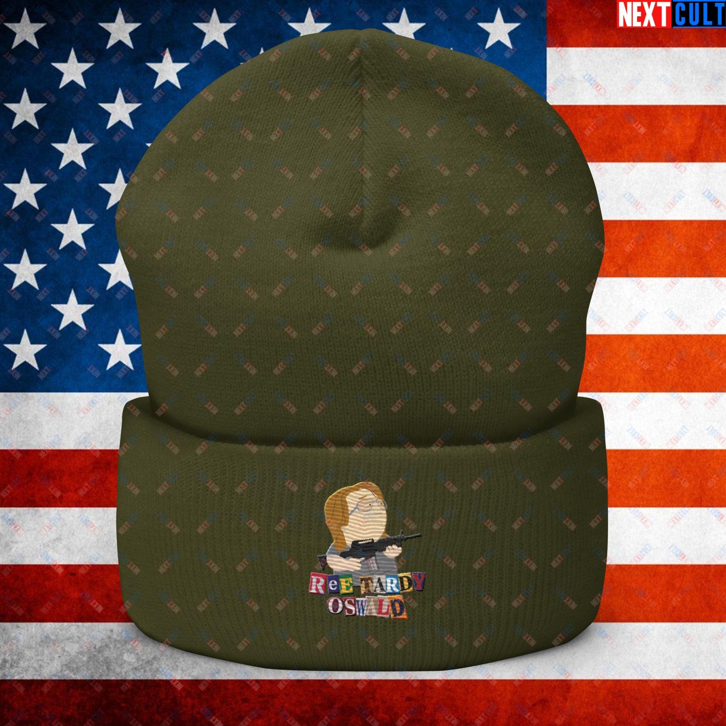 Ree Tardy Oswald Funny Thomas Matthew Crooks Donald Trump Assassination Attempt Meme Cuffed Beanie Olive Hats Conspiracy Theories Donald Trump Politics Republicans South Park TV Shows Next Cult Brand