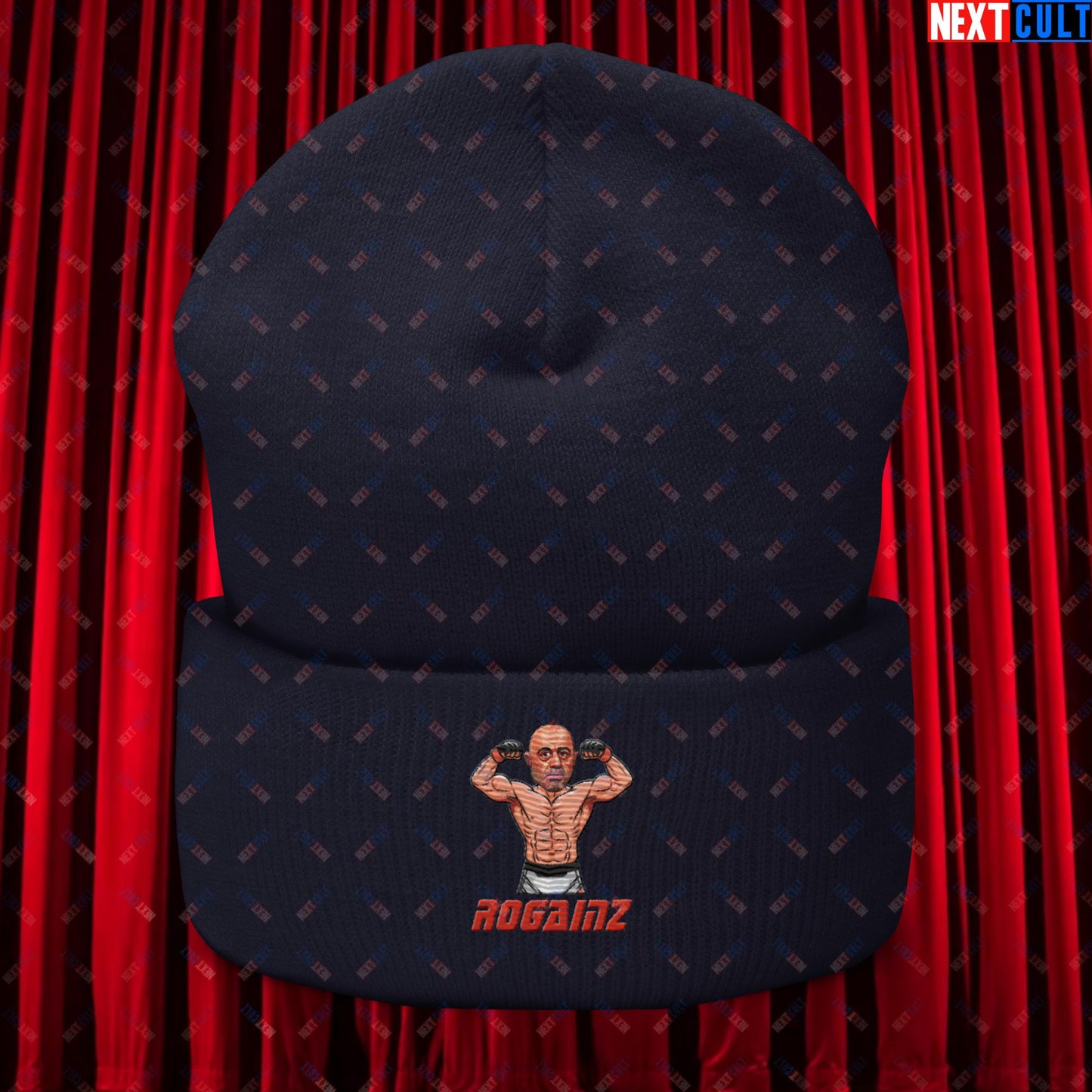 Rogainz Joe Rogan UFC MMA Martial Arts BJJ Jiu-Jitsu Gym Gains Workout Funny JRE Podcast Cuffed Beanie Navy Hats Joe Rogan Podcasts Stand-up Comedy UFC Next Cult Brand