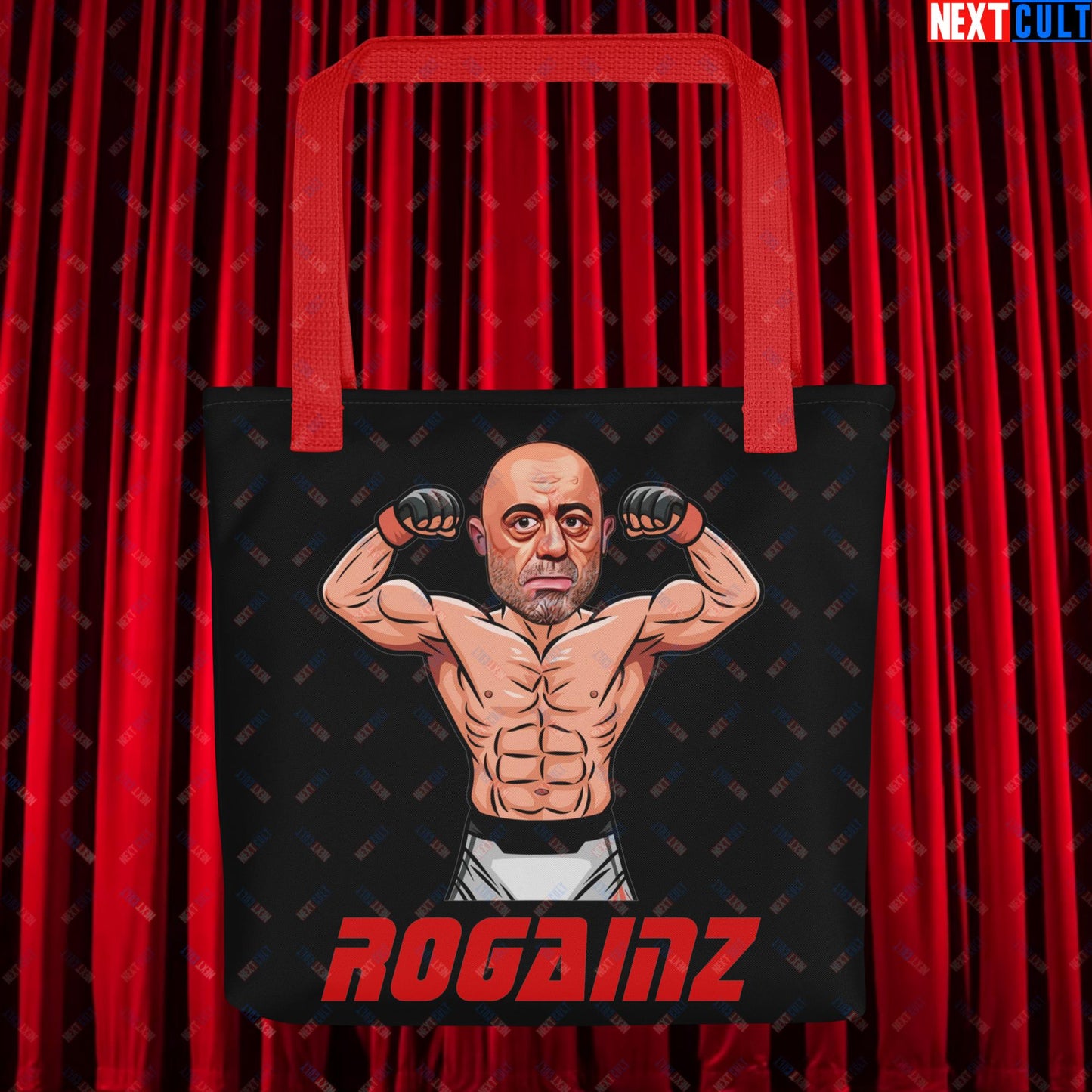 Rogainz Joe Rogan UFC MMA Martial Arts BJJ Jiu-Jitsu Gym Gains Workout Funny JRE Podcast Tote bag Red Bags Bodybuilding Fitness Gym Joe Rogan Podcasts Stand-up Comedy UFC Workout Next Cult Brand