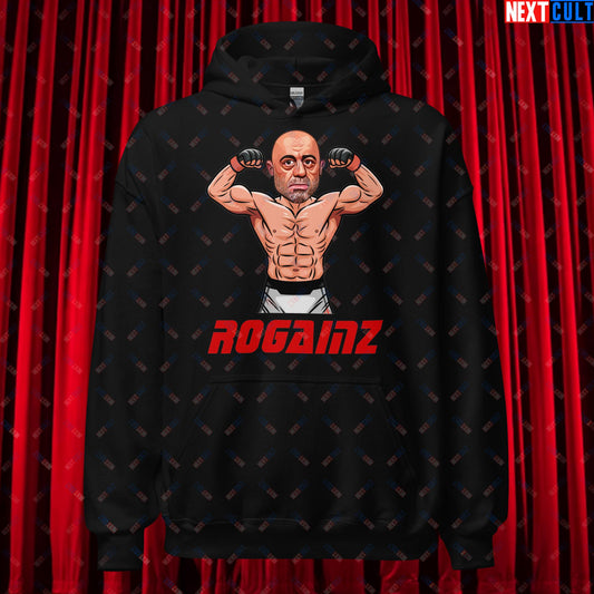 Rogainz Joe Rogan UFC MMA Martial Arts BJJ Jiu-Jitsu Gym Gains Workout Funny JRE Podcast Unisex Hoodie Black Hoodies Bodybuilding Fitness Gym Joe Rogan Podcasts Stand-up Comedy UFC Workout Next Cult Brand