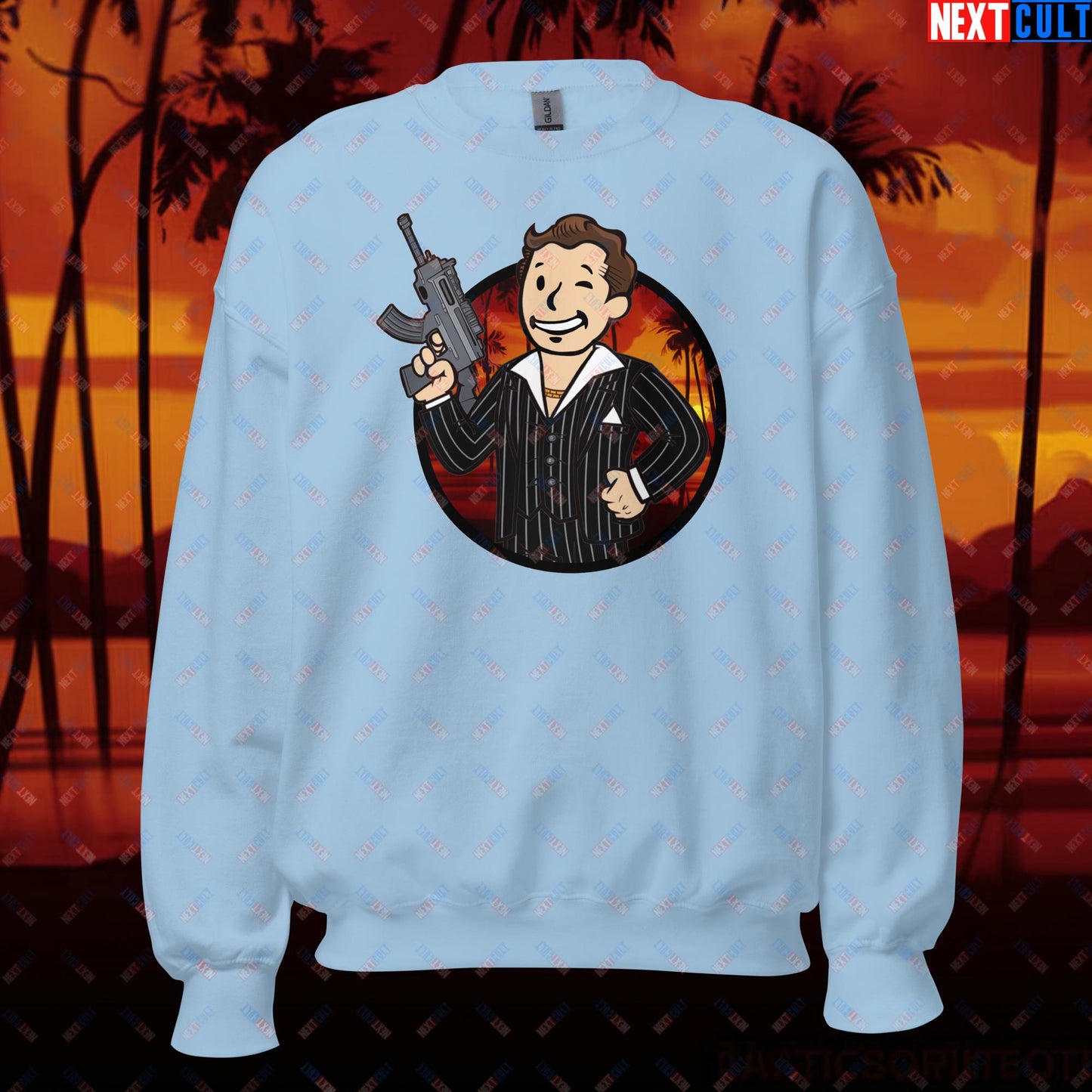 Say Hello To My Little Friend Tony Montana Scarface Vault Boy Fallout Funny Meme Cartoon Mashup Unisex Sweatshirt Light Blue Sweatshirts Al Pacino Fallout Movies Scarface Vault Boy Next Cult Brand