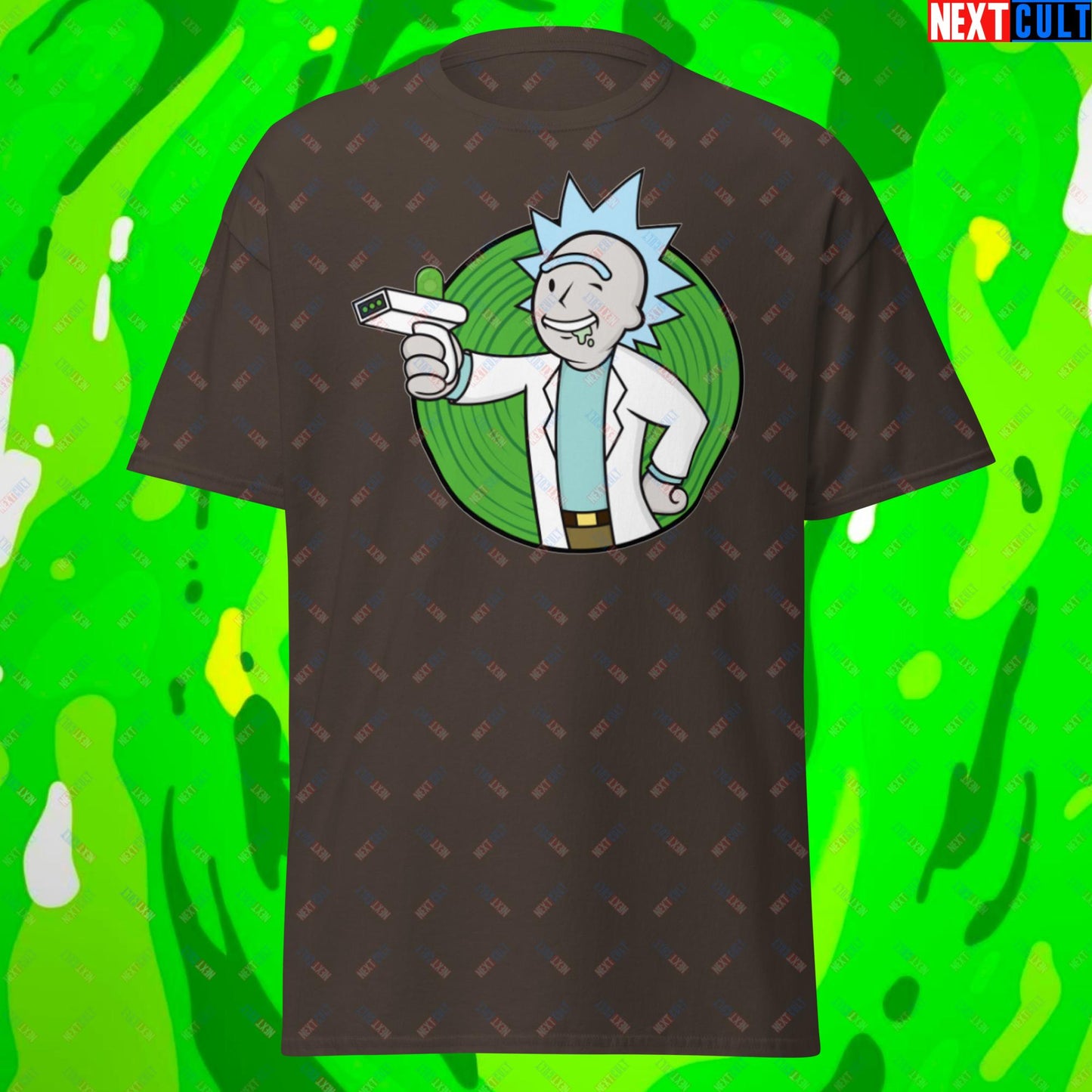Science Boy Rick and Morty Vault Boy Fallout Funny Meme Cartoon Mashup Unisex classic tee Dark Chocolate T-shirts Fallout Rick and Morty TV Shows Vault Boy Next Cult Brand