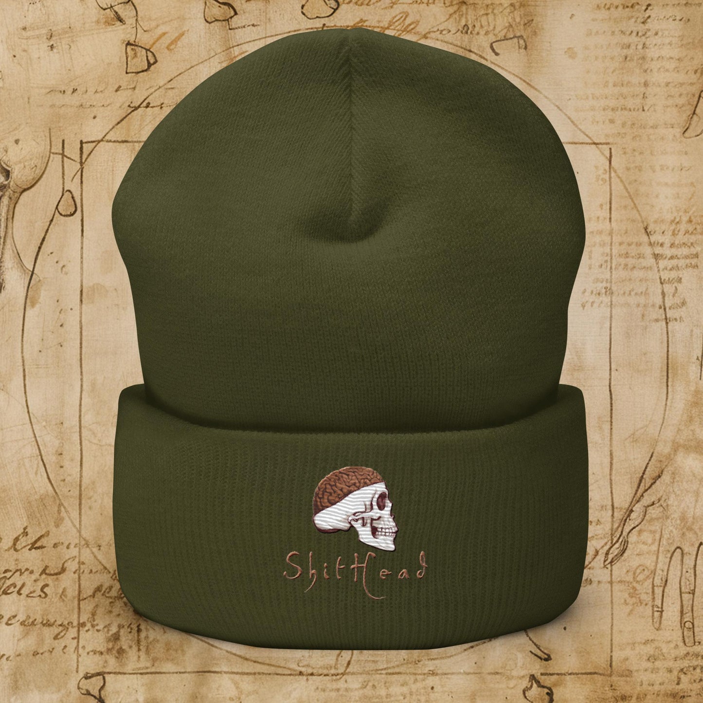 ShitHead Funny Leonardo da Vinci Drawing Cuffed Beanie Olive Hats Brains Feelings Leonardo da Vinci Life Next Cult Brand