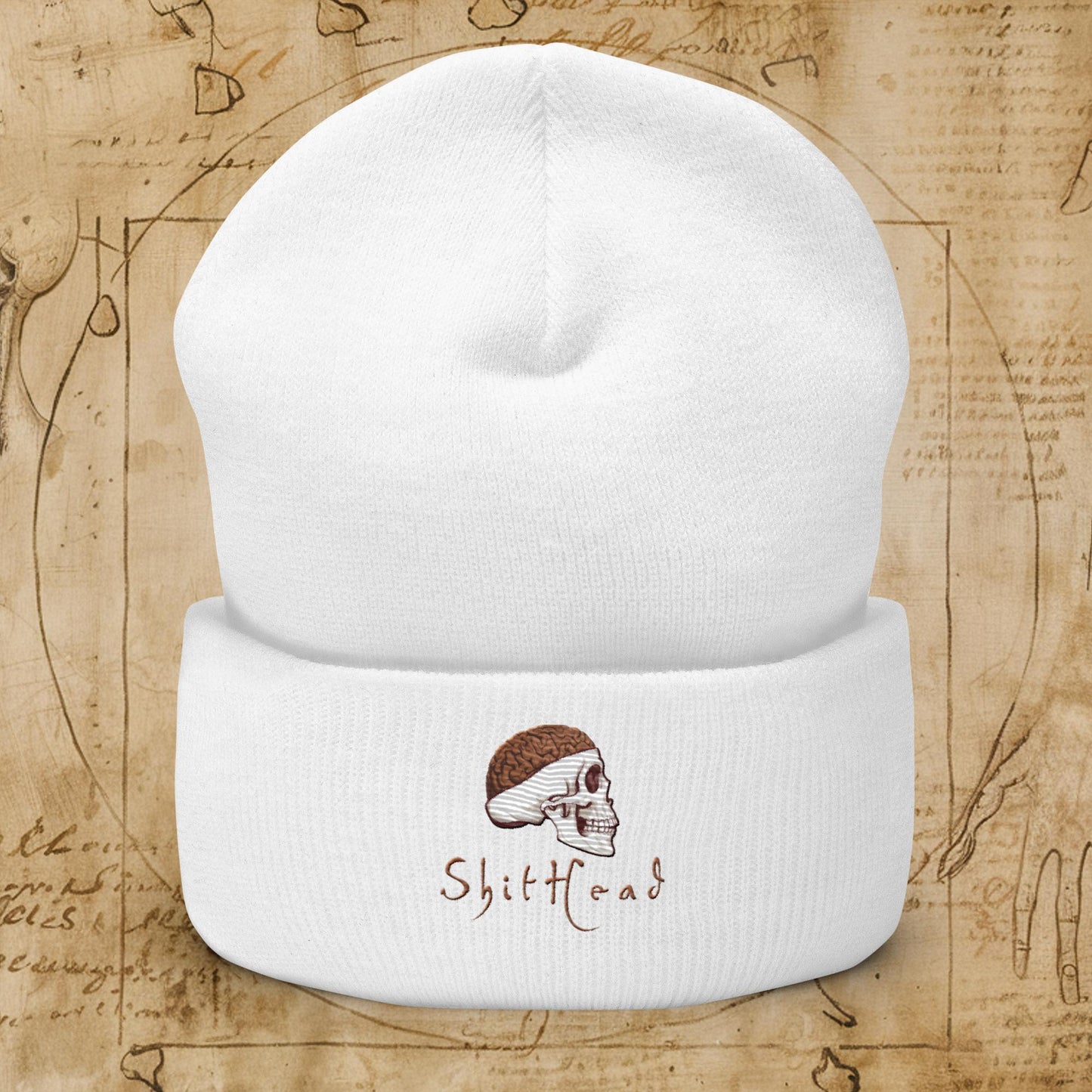 ShitHead Funny Leonardo da Vinci Drawing Cuffed Beanie White Hats Brains Feelings Leonardo da Vinci Life Next Cult Brand