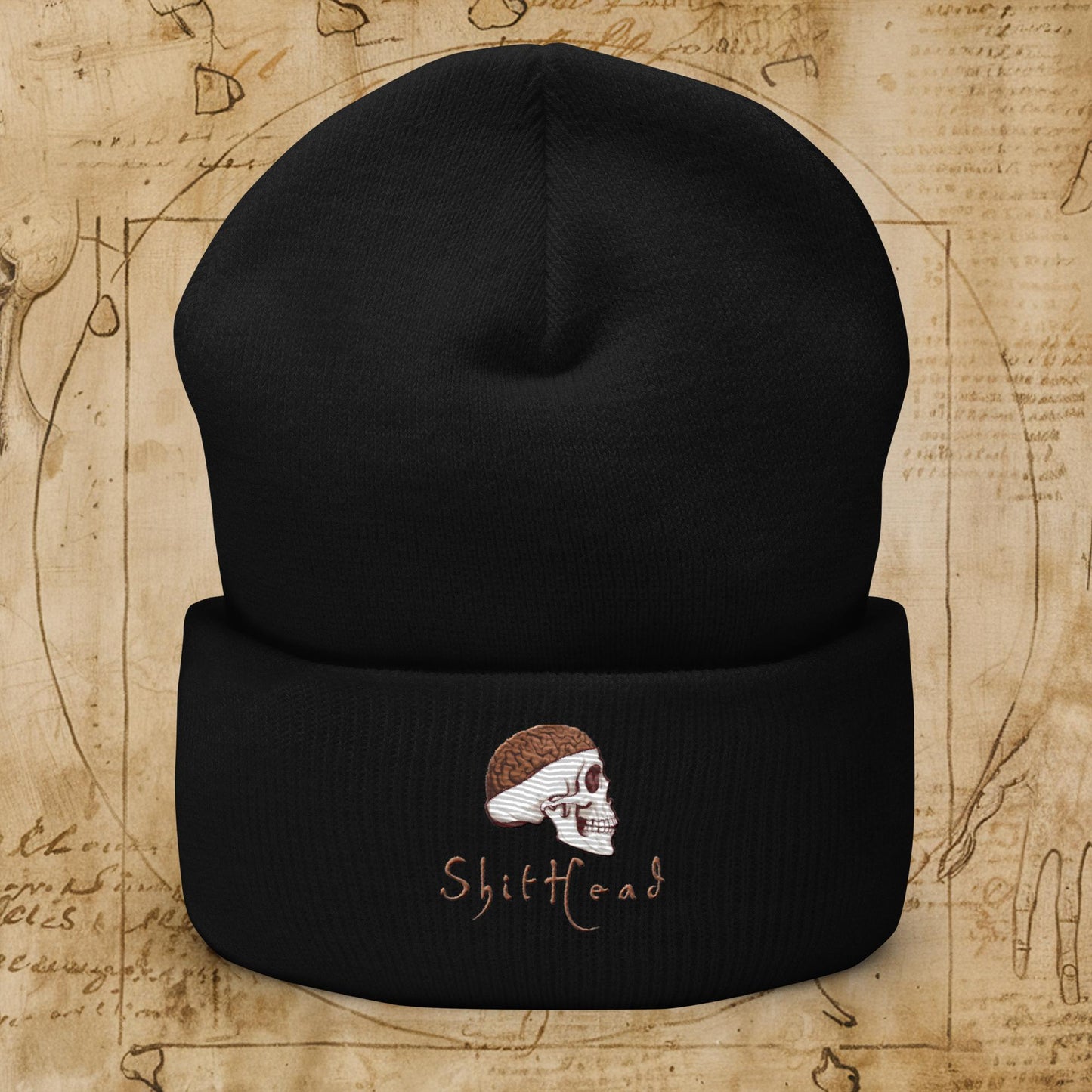ShitHead Funny Leonardo da Vinci Drawing Cuffed Beanie Black Hats Brains Feelings Leonardo da Vinci Life Next Cult Brand
