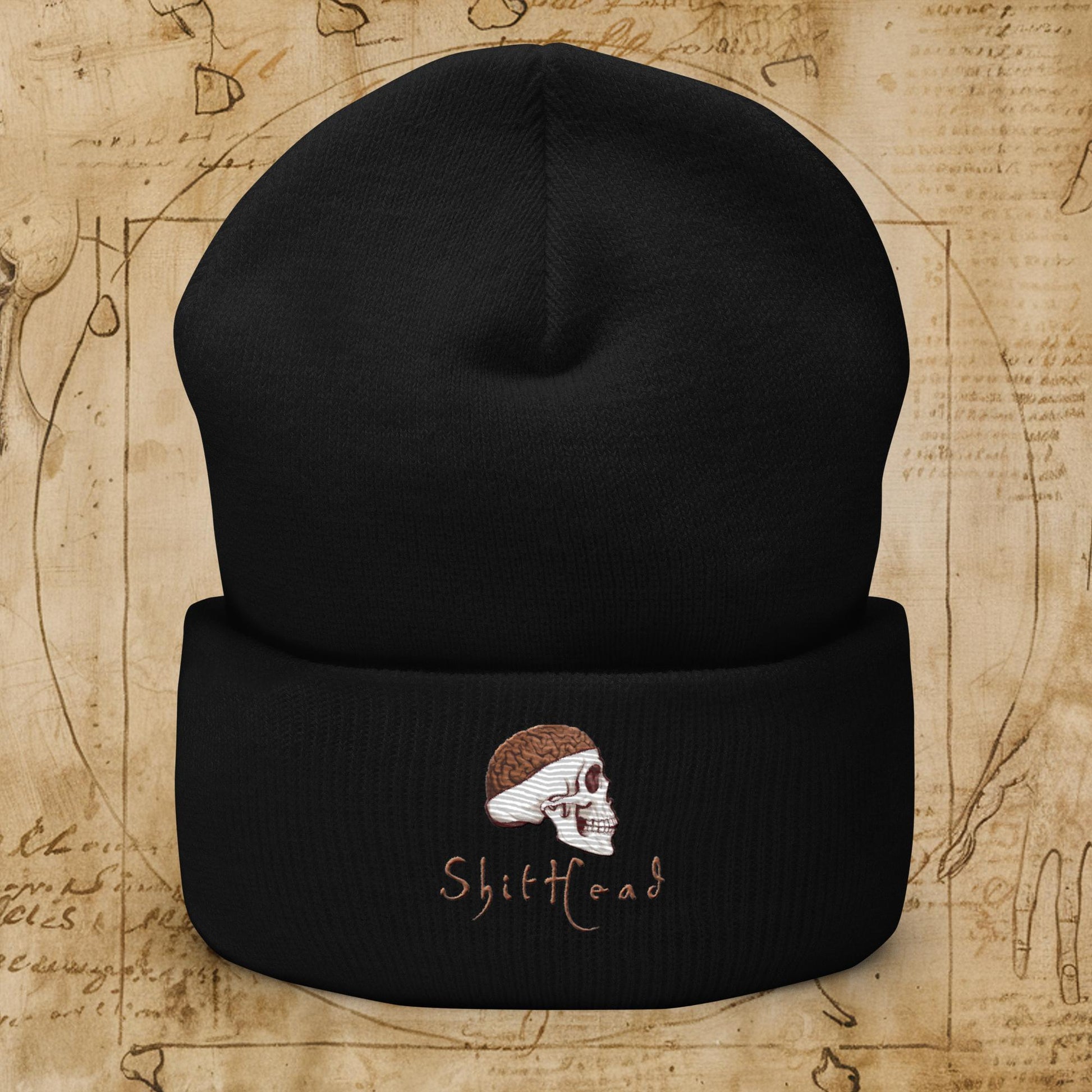 ShitHead Funny Leonardo da Vinci Drawing Cuffed Beanie Black Hats Brains Feelings Leonardo da Vinci Life Next Cult Brand