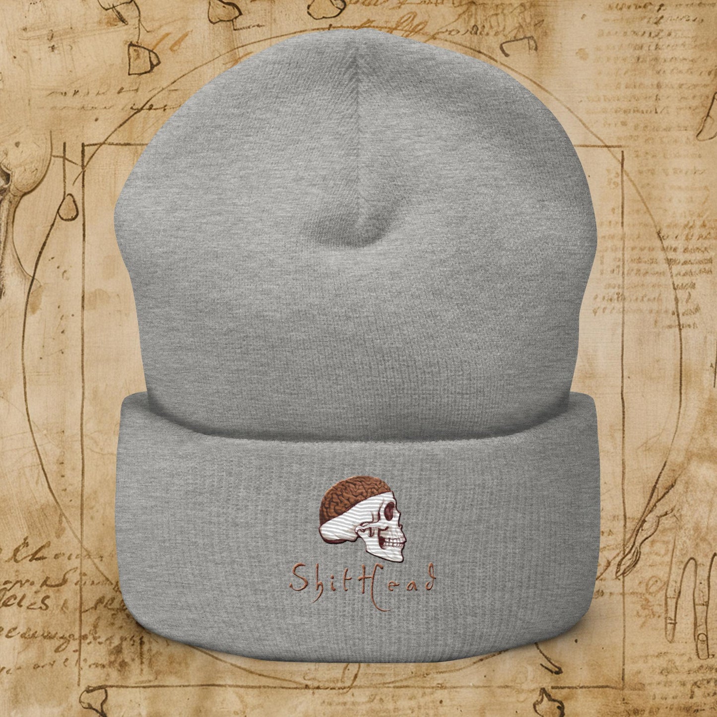 ShitHead Funny Leonardo da Vinci Drawing Cuffed Beanie Heather Grey Hats Brains Feelings Leonardo da Vinci Life Next Cult Brand