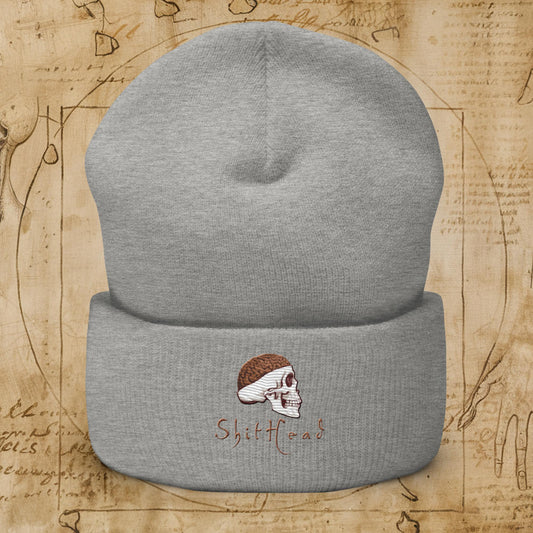ShitHead Funny Leonardo da Vinci Drawing Cuffed Beanie Heather Grey Hats Brains Feelings Leonardo da Vinci Life Next Cult Brand