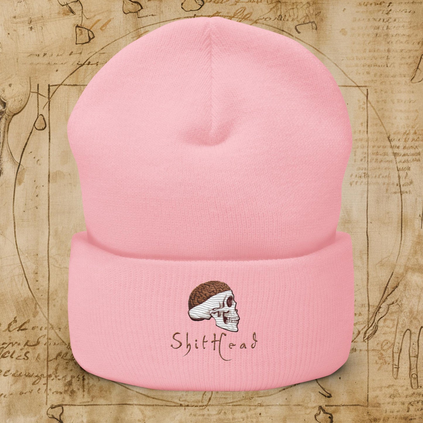 ShitHead Funny Leonardo da Vinci Drawing Cuffed Beanie Baby Pink Hats Brains Feelings Leonardo da Vinci Life Next Cult Brand