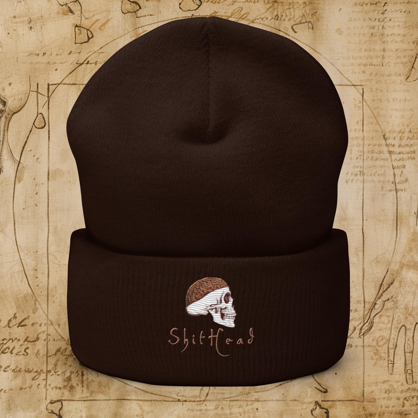 ShitHead Funny Leonardo da Vinci Drawing Cuffed Beanie Brown Hats Brains Feelings Leonardo da Vinci Life Next Cult Brand
