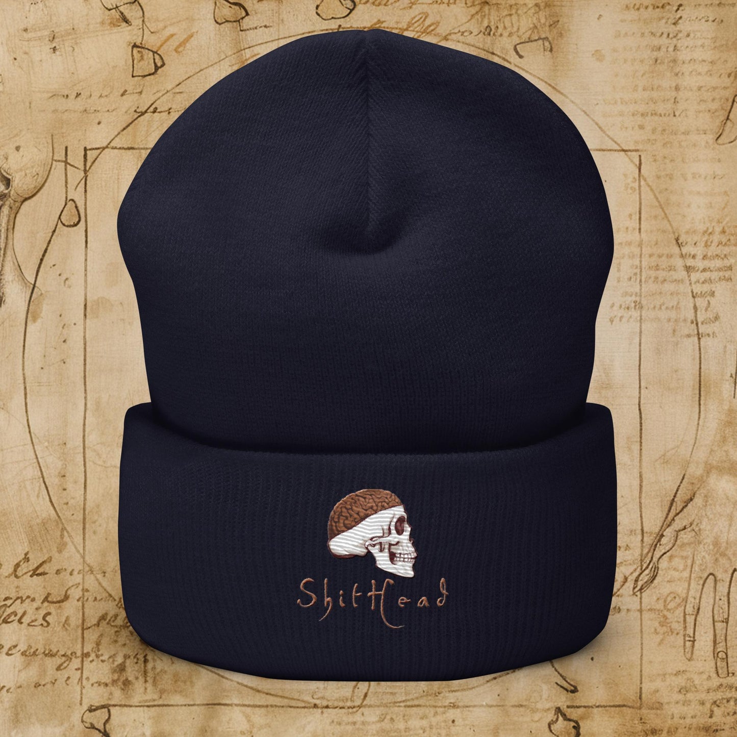 ShitHead Funny Leonardo da Vinci Drawing Cuffed Beanie Navy Hats Brains Feelings Leonardo da Vinci Life Next Cult Brand