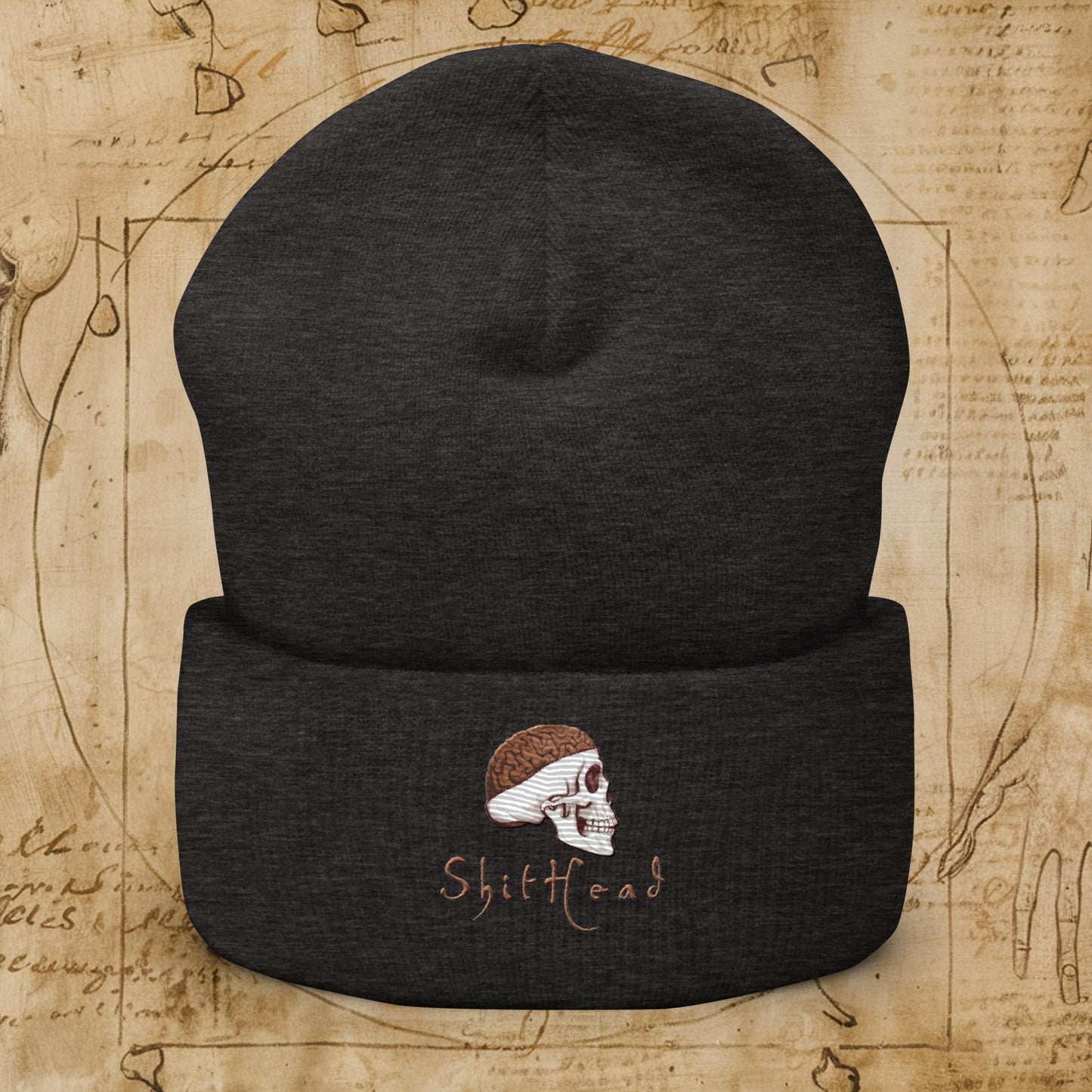 ShitHead Funny Leonardo da Vinci Drawing Cuffed Beanie Dark Grey Hats Brains Feelings Leonardo da Vinci Life Next Cult Brand
