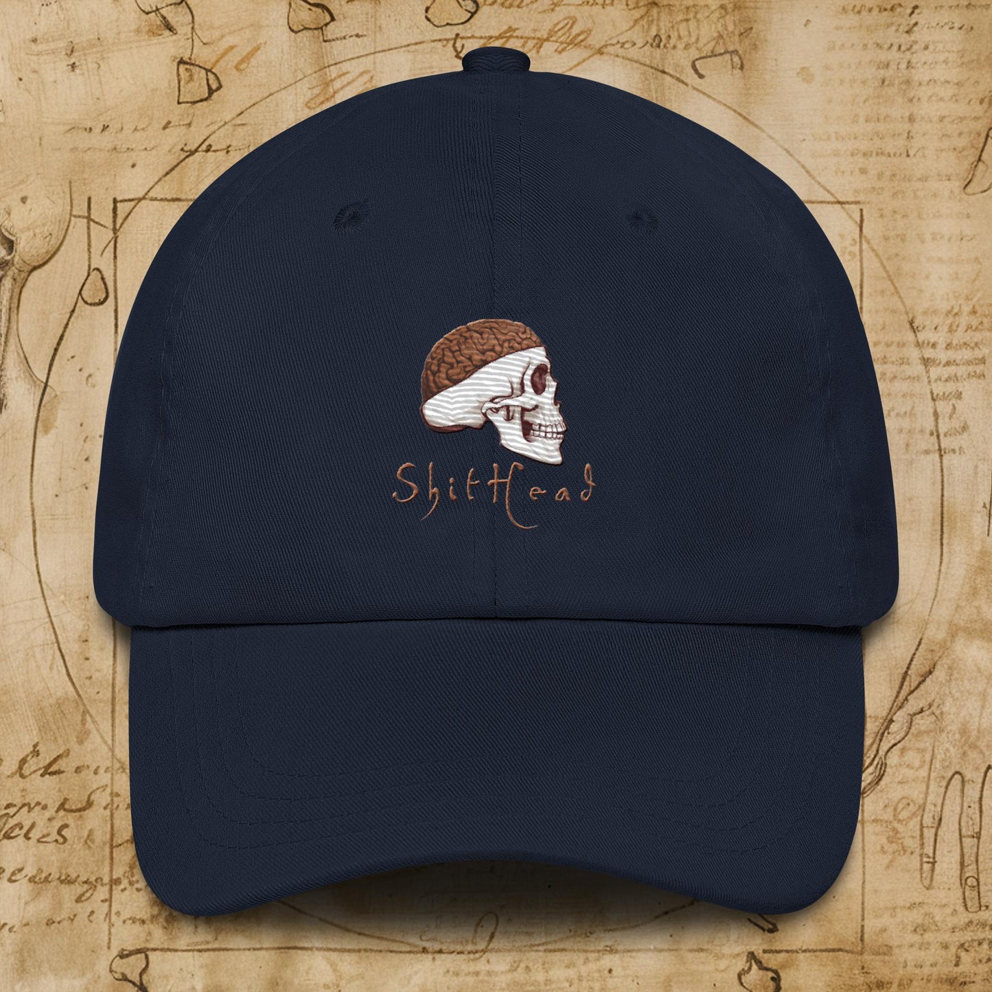 ShitHead Funny Leonardo da Vinci Drawing Dad hat Navy Hats Brains Feelings Leonardo da Vinci Life Next Cult Brand