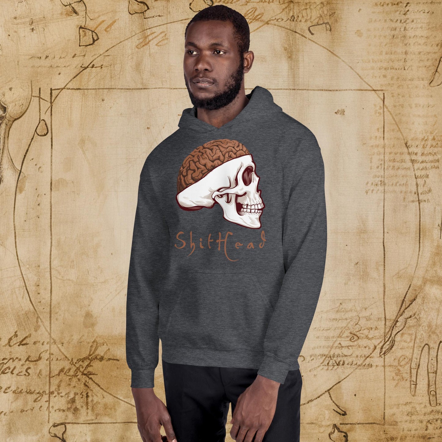 ShitHead Funny Leonardo da Vinci Drawing Unisex Hoodie Dark Heather Hoodies Brains Feelings Leonardo da Vinci Life Next Cult Brand