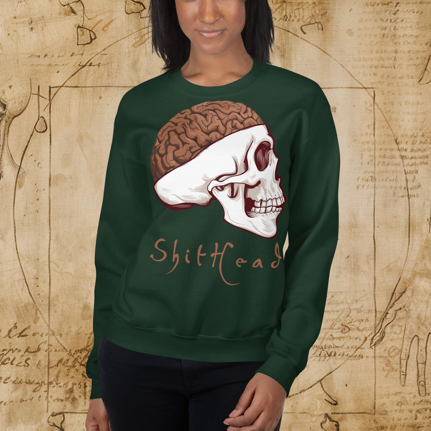 ShitHead Funny Leonardo da Vinci Drawing Unisex Sweatshirt Forest Green Sweatshirts Brains Feelings Leonardo da Vinci Life Next Cult Brand