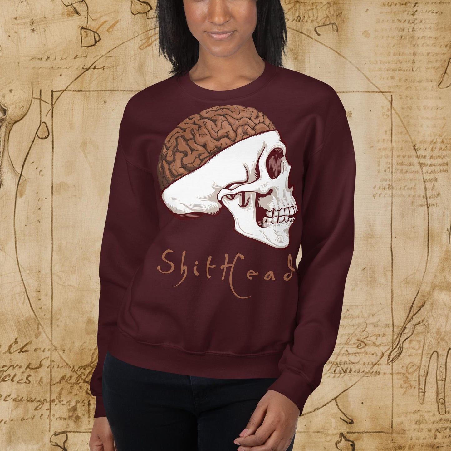 ShitHead Funny Leonardo da Vinci Drawing Unisex Sweatshirt Maroon Sweatshirts Brains Feelings Leonardo da Vinci Life Next Cult Brand