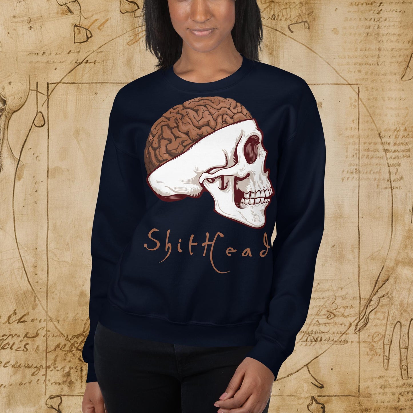 ShitHead Funny Leonardo da Vinci Drawing Unisex Sweatshirt Navy Sweatshirts Brains Feelings Leonardo da Vinci Life Next Cult Brand