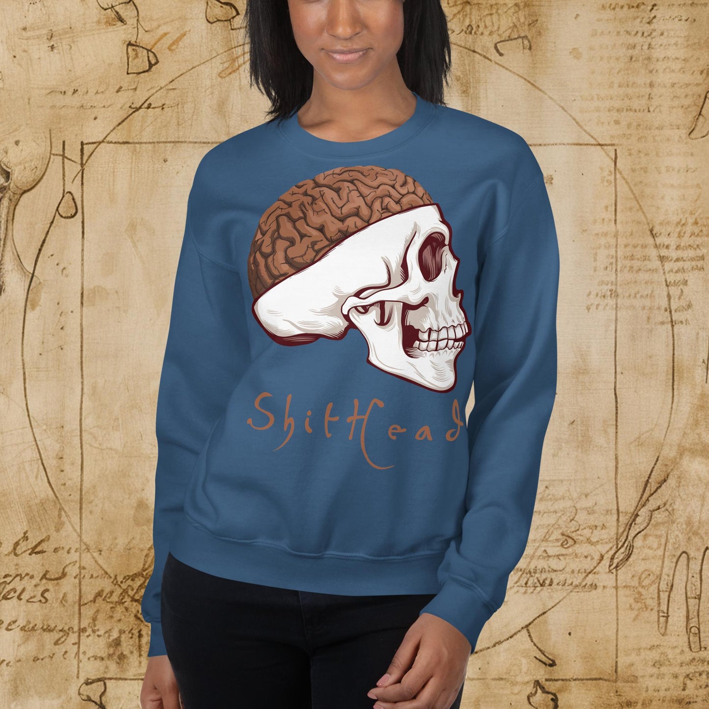ShitHead Funny Leonardo da Vinci Drawing Unisex Sweatshirt Indigo Blue Sweatshirts Brains Feelings Leonardo da Vinci Life Next Cult Brand