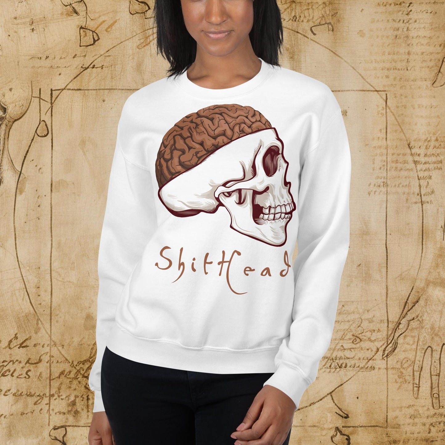 ShitHead Funny Leonardo da Vinci Drawing Unisex Sweatshirt White Sweatshirts Brains Feelings Leonardo da Vinci Life Next Cult Brand