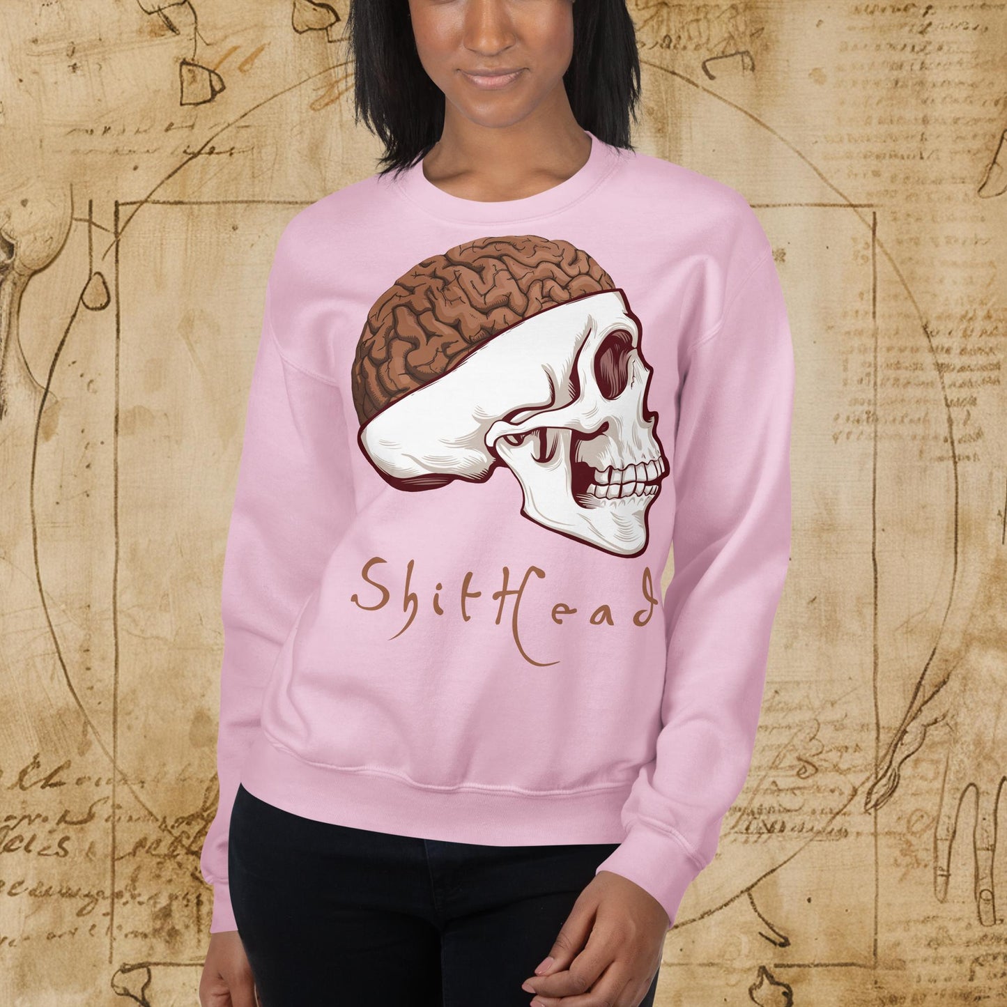 ShitHead Funny Leonardo da Vinci Drawing Unisex Sweatshirt Light Pink Sweatshirts Brains Feelings Leonardo da Vinci Life Next Cult Brand