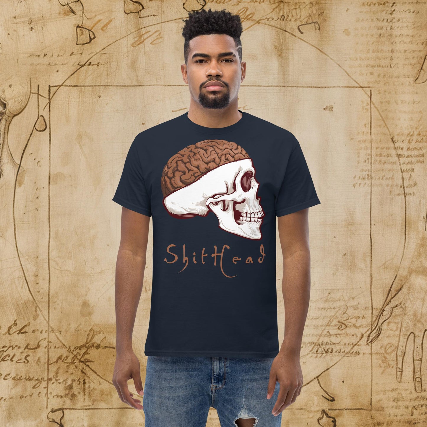 ShitHead Funny Leonardo da Vinci Drawing Unisex tee Navy T-shirts Brains Feelings Leonardo da Vinci Life Next Cult Brand