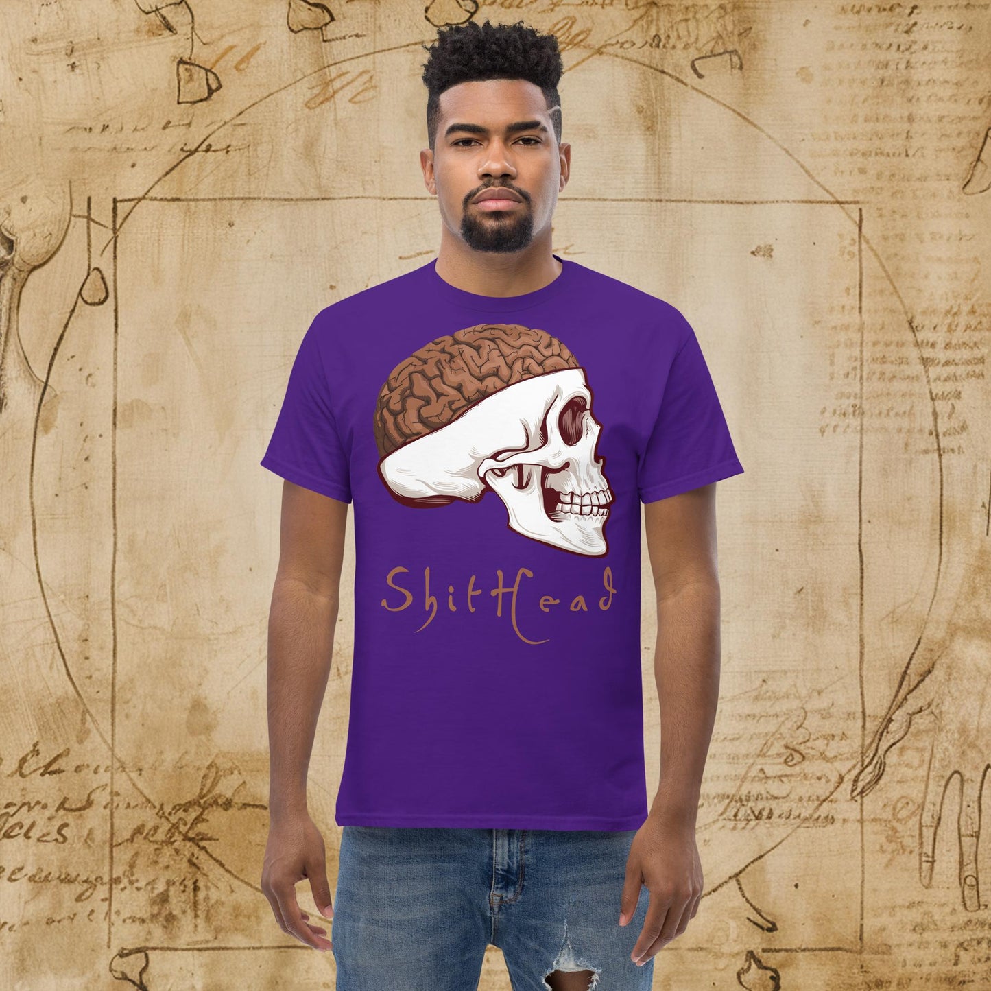 ShitHead Funny Leonardo da Vinci Drawing Unisex tee Purple T-shirts Brains Feelings Leonardo da Vinci Life Next Cult Brand