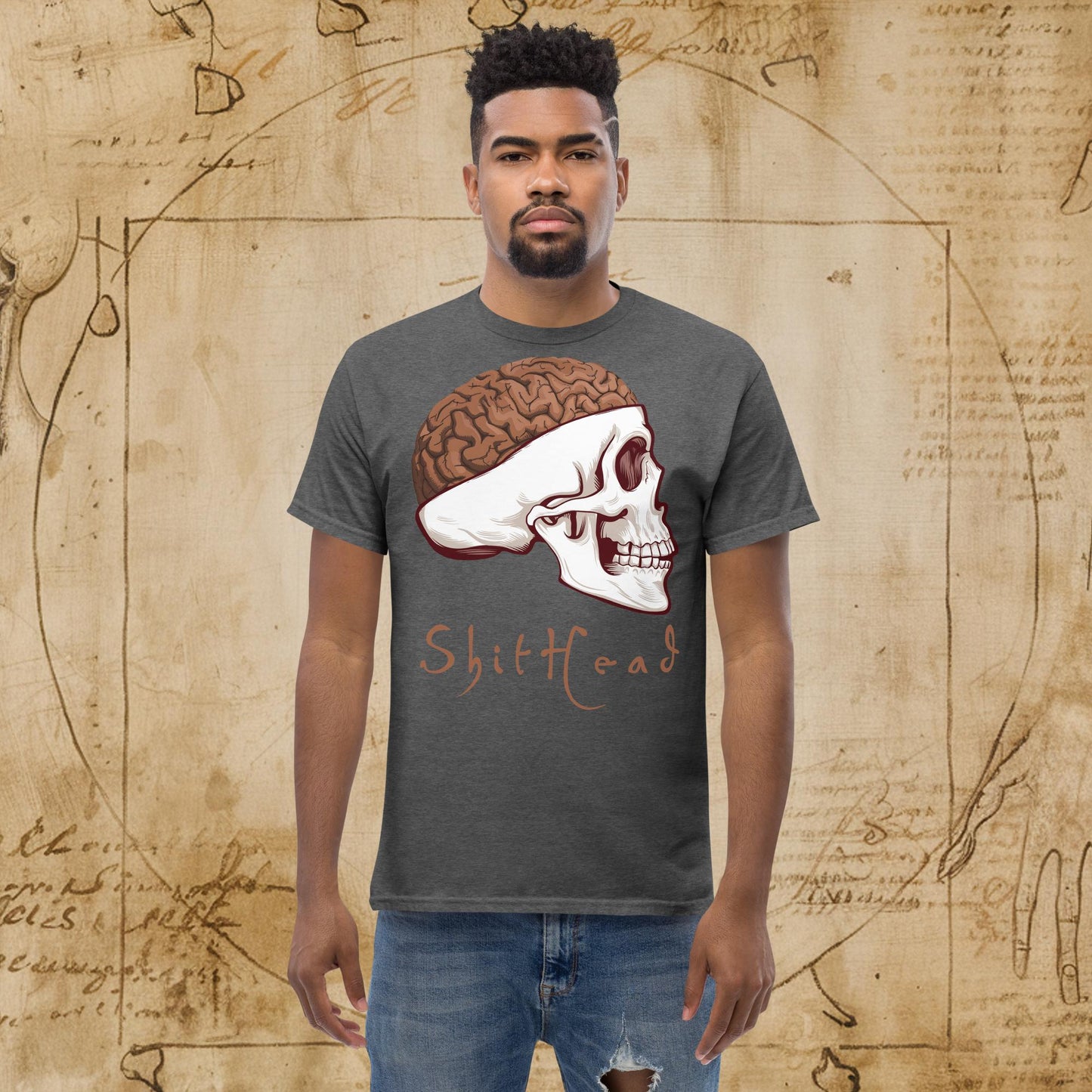 ShitHead Funny Leonardo da Vinci Drawing Unisex tee Dark Heather T-shirts Brains Feelings Leonardo da Vinci Life Next Cult Brand