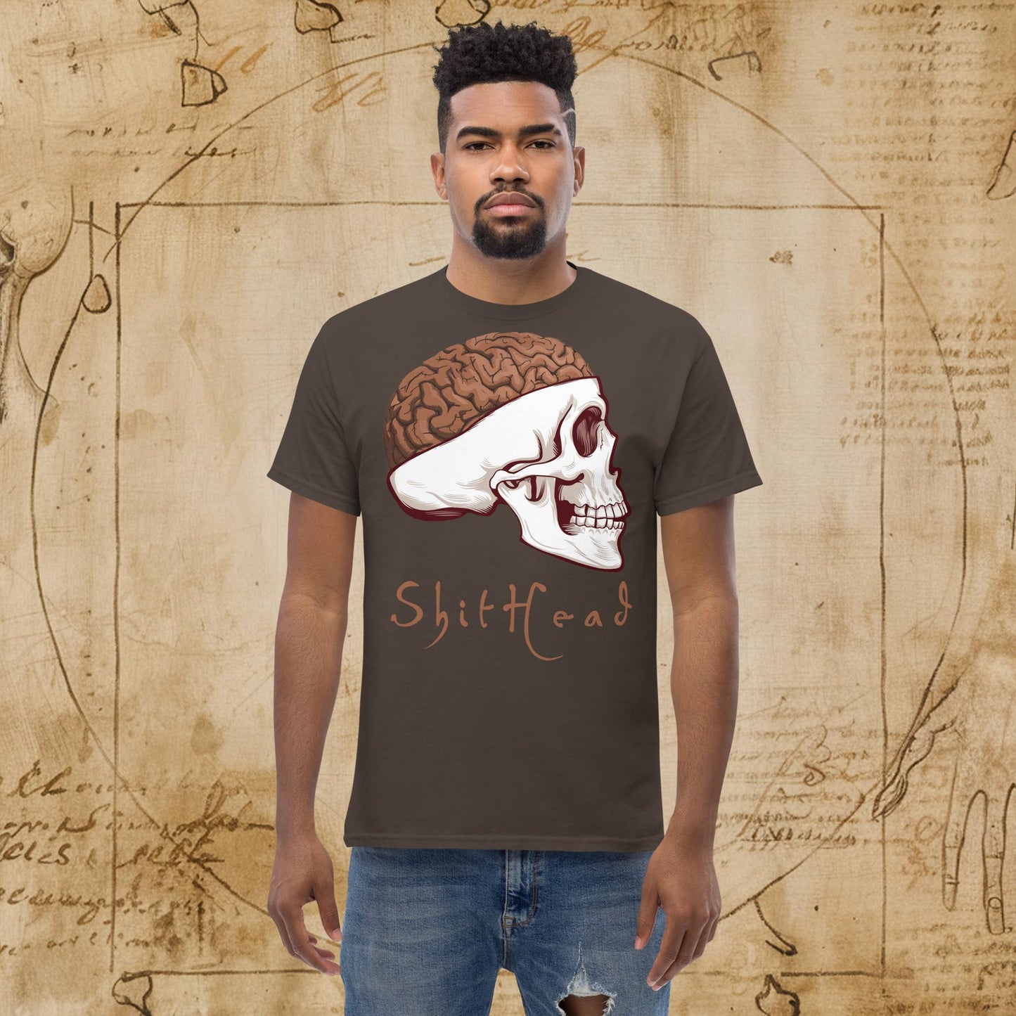 ShitHead Funny Leonardo da Vinci Drawing Unisex tee Dark Chocolate T-shirts Brains Feelings Leonardo da Vinci Life Next Cult Brand
