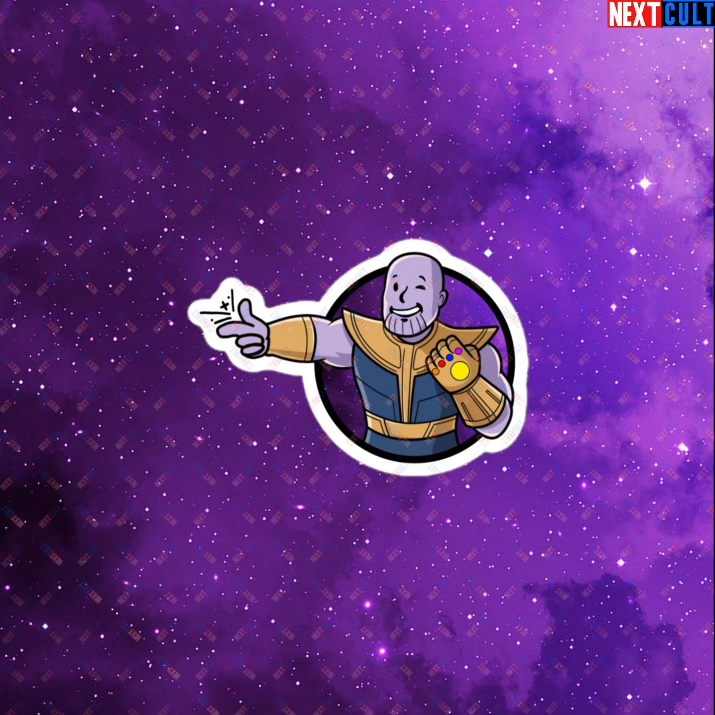 Snap Boy Thanos Vault Boy Fallout Funny Meme Cartoon Mashup Bubble-free stickers 3″×3″ Stickers Fallout Movies Superheroes Thanos Vault Boy Next Cult Brand
