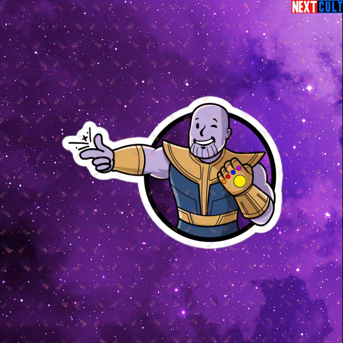 Snap Boy Thanos Vault Boy Fallout Funny Meme Cartoon Mashup Bubble-free stickers 4″×4″ Stickers Fallout Movies Superheroes Thanos Vault Boy Next Cult Brand